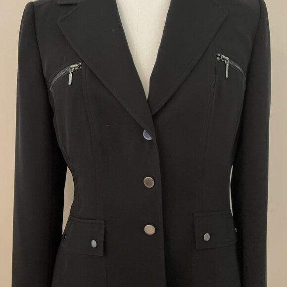Tahari Authur S Levine Snap Front Jacket Blazer Sz 4P Black Zip Pockets Moto - Picture 2 of 9